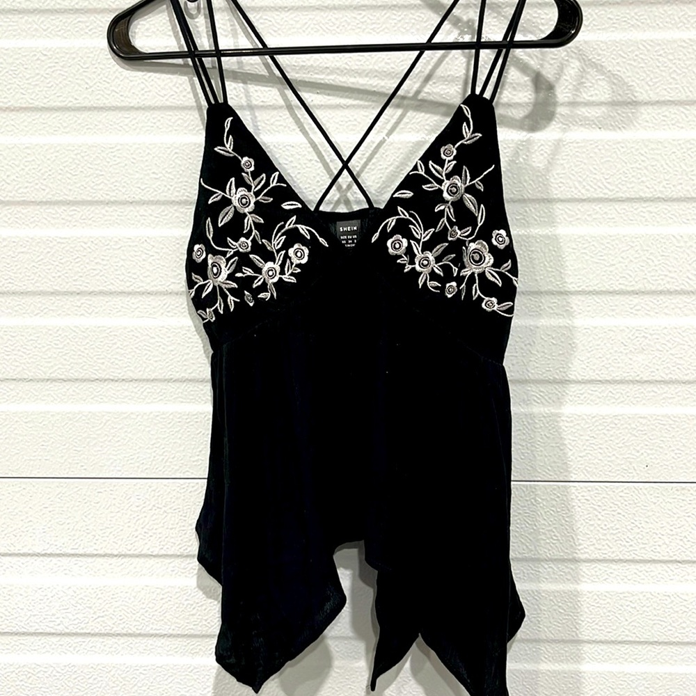 SHEIN XS black with white embroidery top